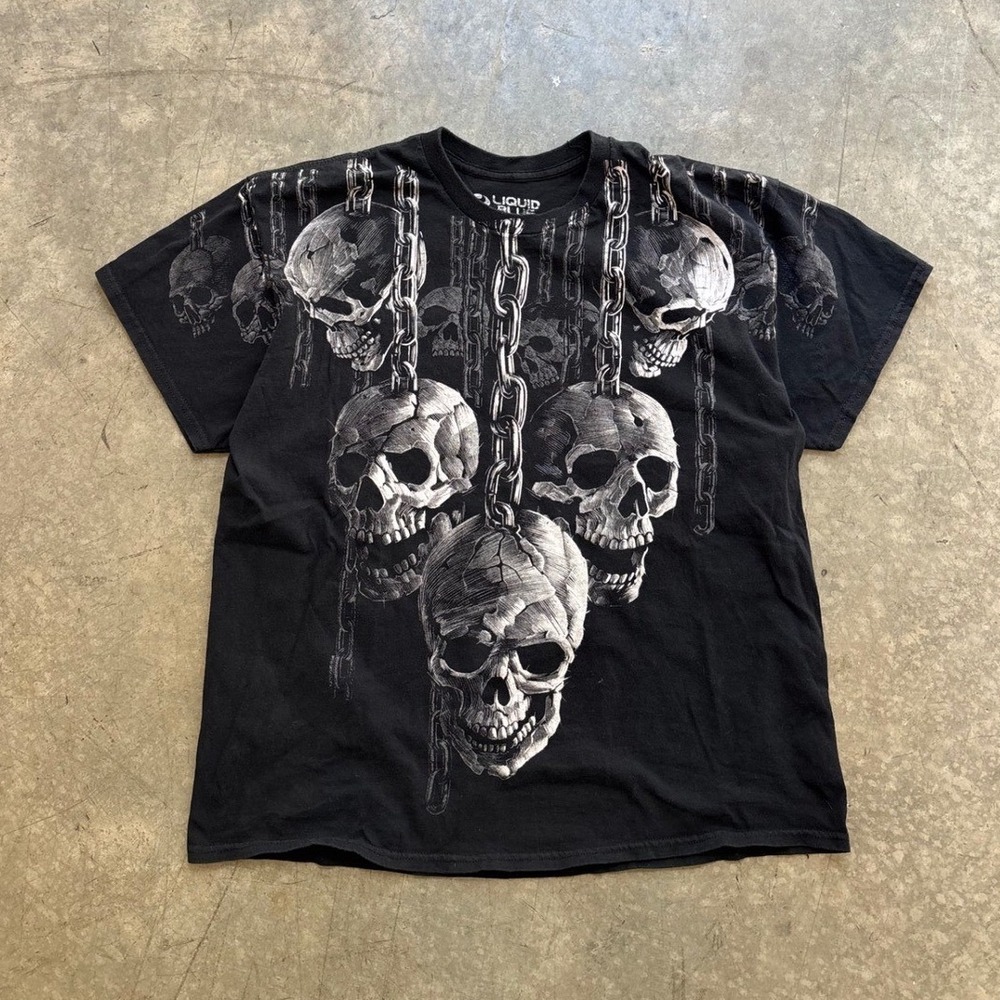 Y2K Liquid Blue Grunge Skull Chains T Shirt Size XL